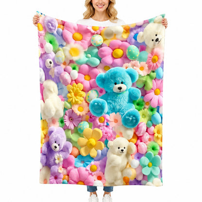 🧸 Plush Bear Flower Blanket, Ins Macaron Color Cozy Throw Blanket, Soft Fluffy Lightweight Blanket for Sofa, Bed, Home Decor & Gift