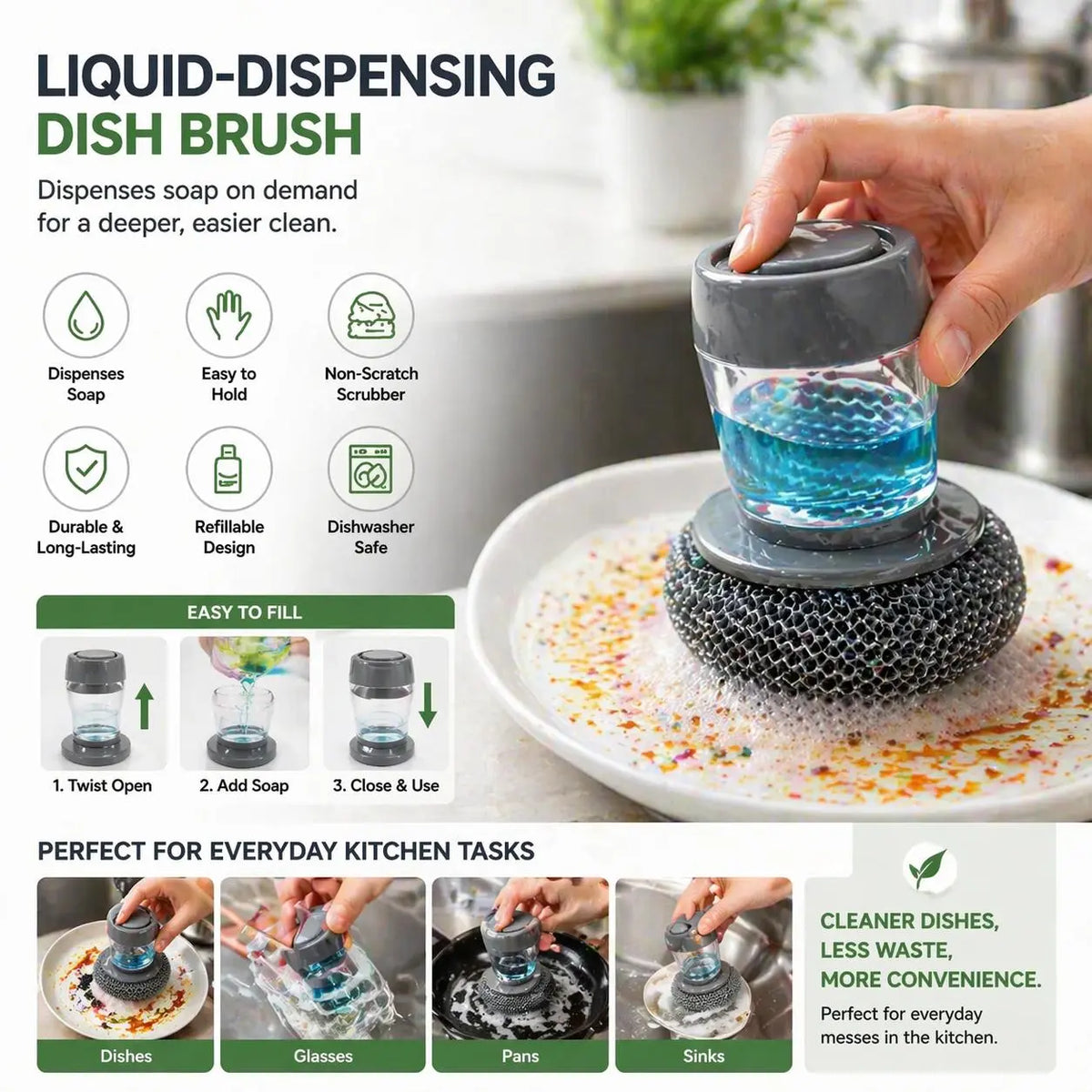 🔥Buy 1 Get 1 Free🔥Multifunctional Kitchen Pot Scrubber With Soap Dispenser For Easy Dish Cleaning