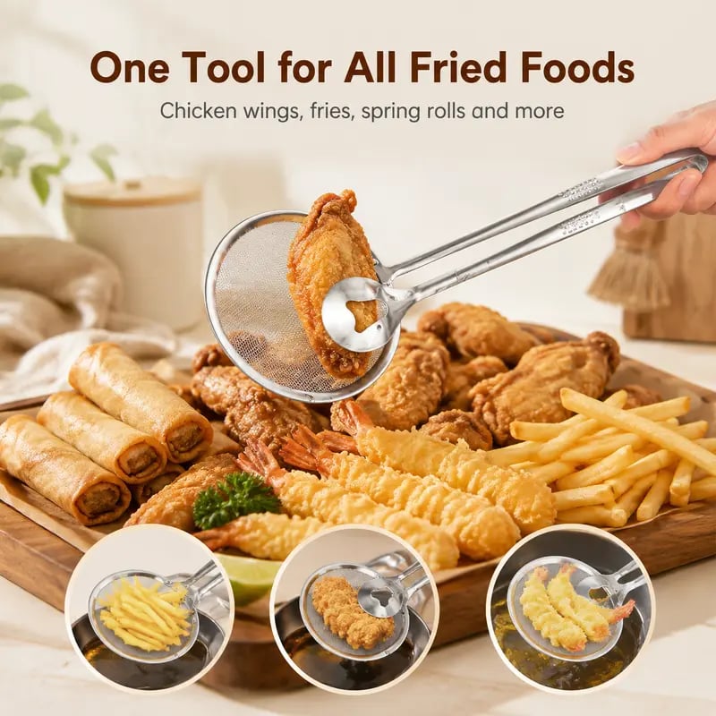 🔥Buy 1 Get 1 Free🎁2-in-1 Stainless Steel Frying Filter Tongs – Clip, Drain & Serve Easily