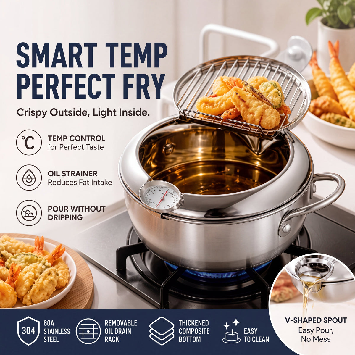 🔥First 50 customers enjoy a 50% discount⏰304 Stainless Steel Deep Fryer Pot With Built In Thermometer Drain Rack And Pour Spout For Easy Home Cooking